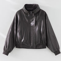 Damen Oversized Lederimitat-Bomberjacke mit Stehkragen und elastischem Saum Nord Taschen in Mokkabraun