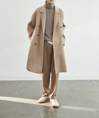 Herren Oversized Wollmantel mit Doppelreiher und Reverskragen Nord Taschen in Beige-Camel, 100% Wolle