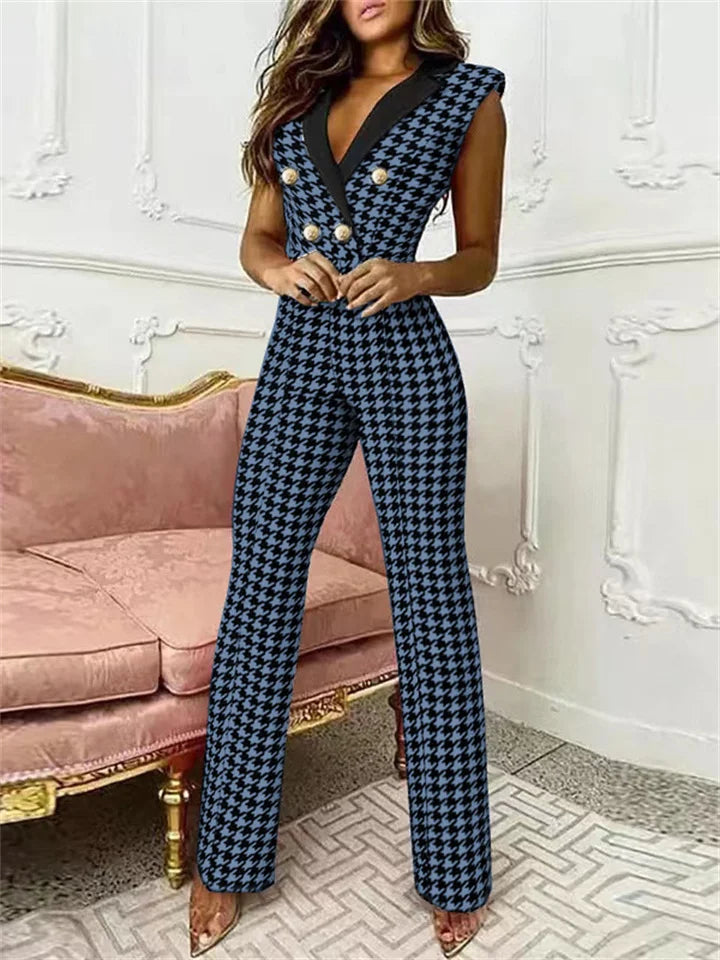 Paula – Stylischer Jumpsuit mit V-Ausschnitt und Hahnentrittmuster