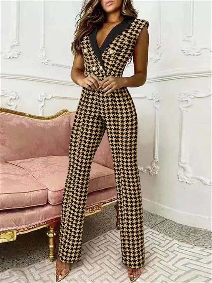 Paula – Stylischer Jumpsuit mit V-Ausschnitt und Hahnentrittmuster