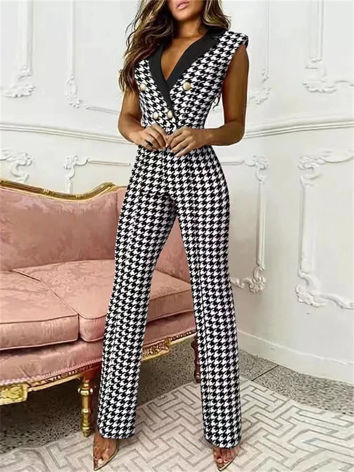 Paula – Stylischer Jumpsuit mit V-Ausschnitt und Hahnentrittmuster