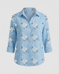 Damen Leinenbluse Blumenprint in Blau