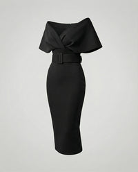 Damen Professionelle Schalkragen Midikleid in Schwarz
