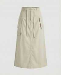 Damen Militärische Große Klappentaschen MischgewNord Taschene Cargo-Maxirock in Beige