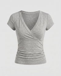 Damen tailliertes Oberteil mit elegantem Wickeldesign und V-Ausschnitt in Grau
