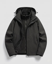 Unisex wasserdichte Softshell-Allwetterjacke mit herausnehmbarer Fleece-Innenjacke und Kapuze in Schwarz