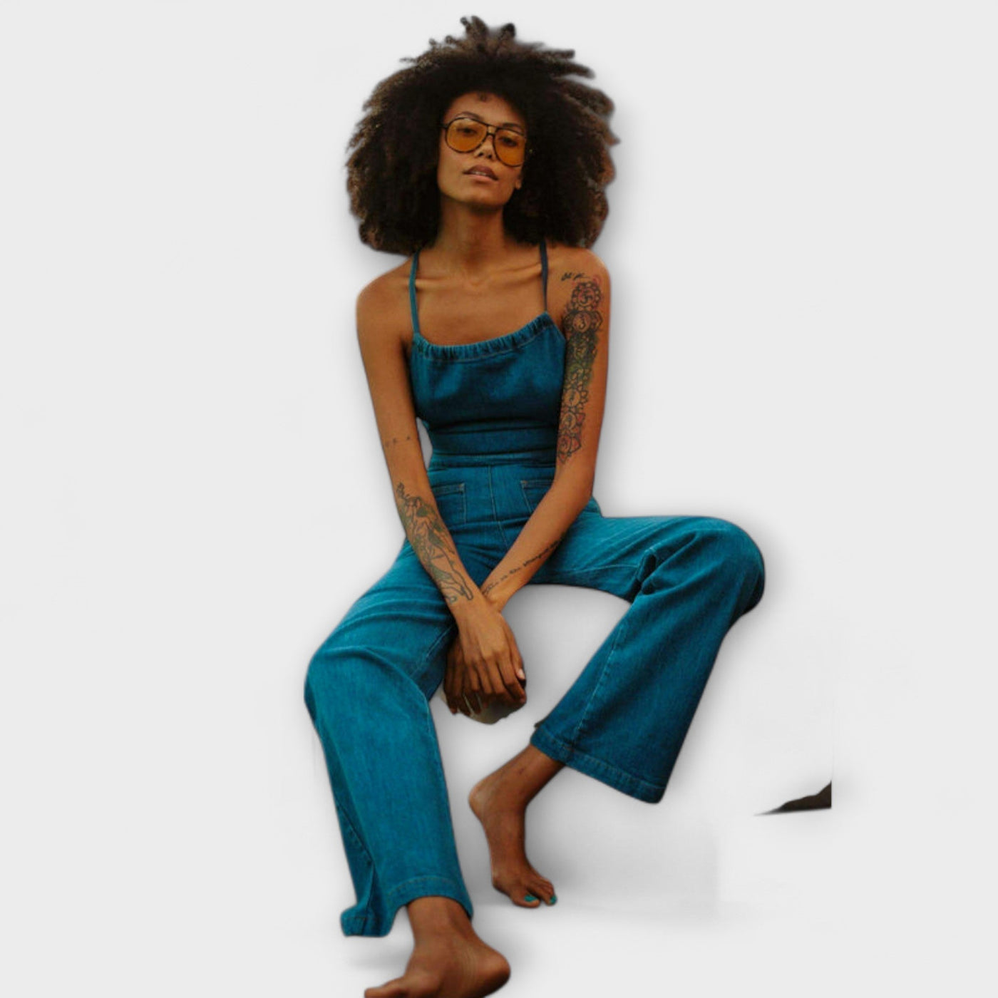 Gabriella - Denim-Jumpsuit mit weitem Bein und Bindeband im Rücken