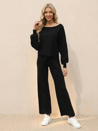 Leilani | Weites Bein Rundhals Lounge Zweiteiliges Set in Schwarz