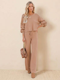 Leilani | Weites Bein Rundhals Lounge Zweiteiliges Set in Khaki