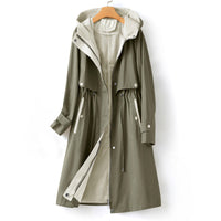 Trenchcoat Damen | Langer Übergangsmantel Mit Kapuze in Grün