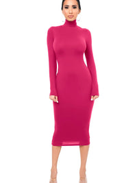 Damen Langarm Rollkragen Midi Etui Kleid in Dunkelrosa