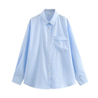 Damen Streifen Kragen Lang Bluse in Blau