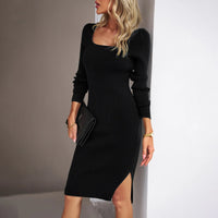 Damen Langarm Gestrickt Midi Etui Kleid in Schwarz