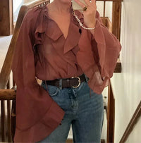 Damen Braun Rüschen Langarm Bluse in Braun