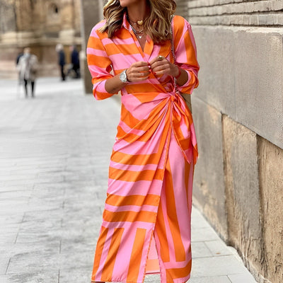 ELISE - Buntes Maxikleid mit Streifendruck | Elegantes Kleid mit Taillengurtel