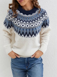 Norweger Grobstrickpullover Damen | Rundhals Mit Fair Isle Muster in Weiß