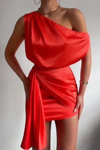 Damen Ein Schulter Mini Satin Kleid in Rot