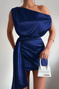Damen Ein Schulter Mini Satin Kleid in Dunkelblau