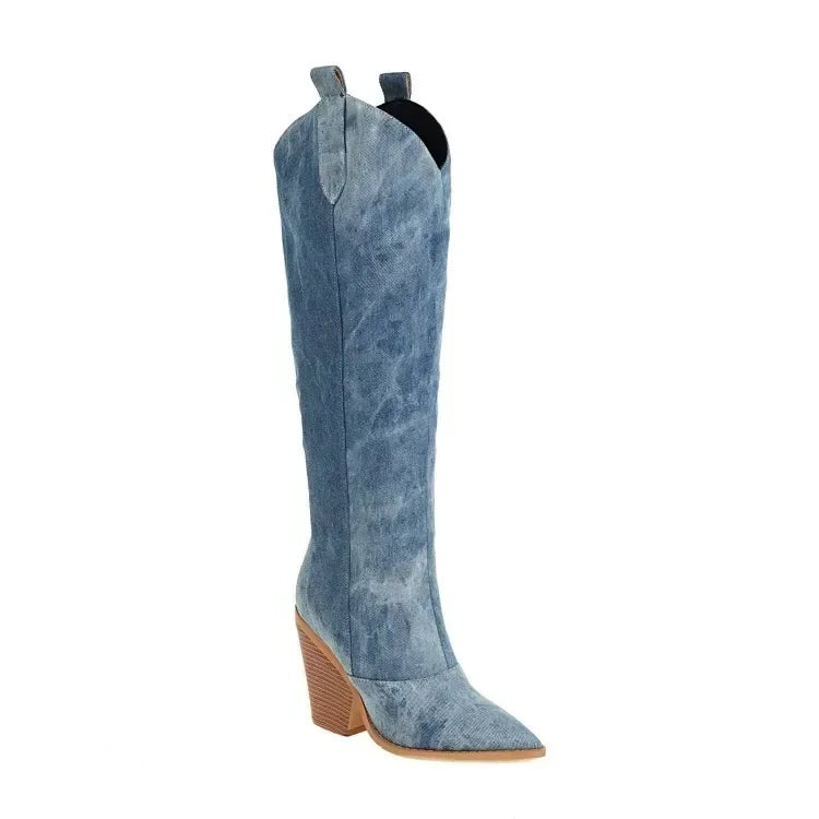 Damen Cowboy Overknee Stiefel | Blau