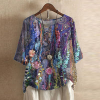 Damen Vintage Bedruckt Kurzarm Bluse in Violett