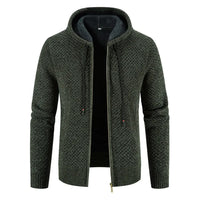 Gefütterte Herren Strickjacke Mit Kapuze | Winterjacke Mit Reißverschluss in Dunkelgrün