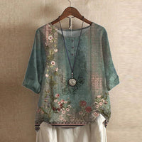 Damen Vintage Bedruckt Kurzarm Bluse in Grün
