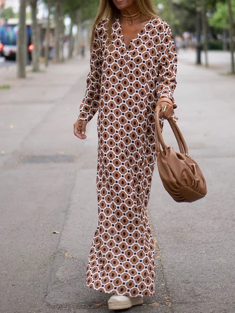 Almira - Lässiges bedrucktes Langarm-Maxikleid