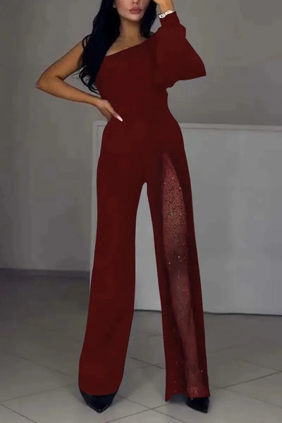 Modischer und sexy Damen Jumpsuit mit abfallenden Schultern und hohem Schlitz
