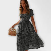Vintage Blumenmuster Puffärmel Maxikleid in Schwarz