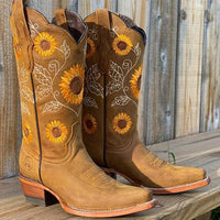 Sophie | Damen Bestickte Wadenhoher Cowboy Stiefel in Khaki
