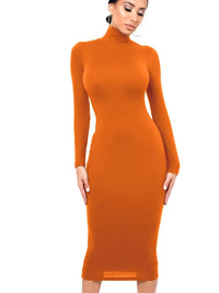 Damen Langarm Rollkragen Midi Etui Kleid in Orange