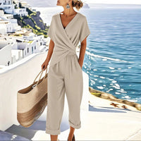 Emily | V-Ausschnitt Verkürztes Bein Jumpsuit in Beige