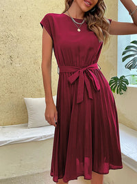 Damen Kurzarm Sommer Midi Etui Kleid in Weinrot