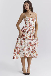 Abilene – Elegantes Midikleid aus Leinen in Rote Blume