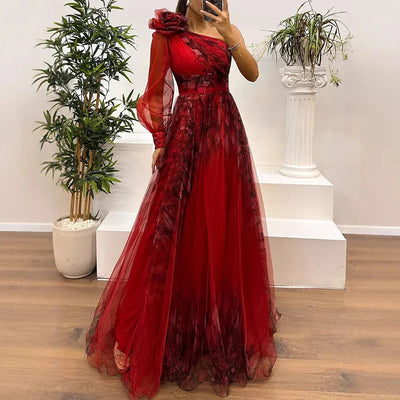 Judith - Trendiges Maxikleid mit One-Shoulder-Mesh-Print