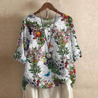 Damen Vintage Bedruckt Kurzarm Bluse in Weiße Blumen