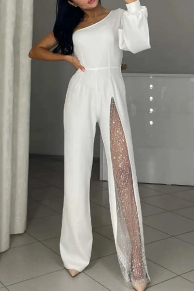 Modischer und sexy Damen Jumpsuit mit abfallenden Schultern und hohem Schlitz