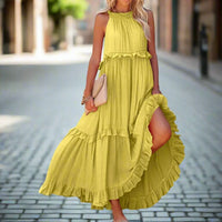 Damen Ärmellos A-Linie Maxi Sommerkleid in Gelb Grün
