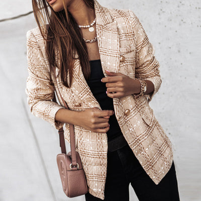 Eleganter Damen Blazer im Karo-Design – Modischer Tweed-Blazer mit doppelter Knopfleiste