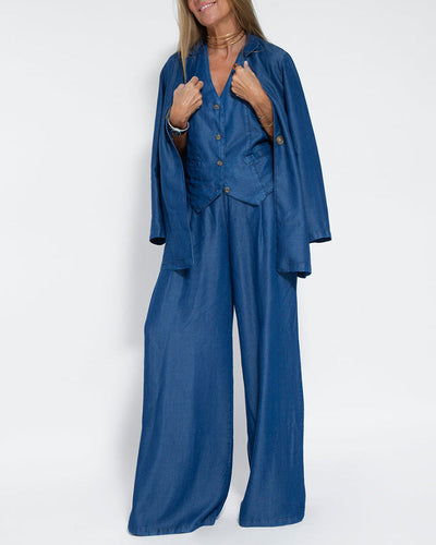 Leinen 2-teiliges Set mit weit geschnittenen Hosen und Weste – Alma