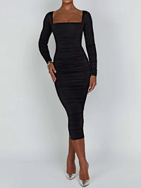 Damen Langarm Quadratausschnitt Midi Etui Kleid in Schwarz