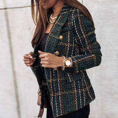 Eleganter Damen Blazer im Karo-Design – Modischer Tweed-Blazer mit doppelter Knopfleiste