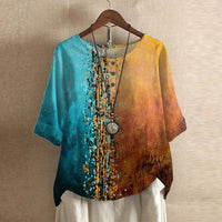 Damen Vintage Bedruckt Kurzarm Bluse in Blau Orange