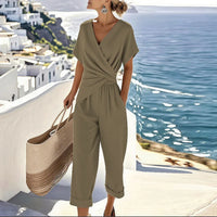 Emily | V-Ausschnitt Verkürztes Bein Jumpsuit in Khaki