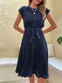 Damen Kurzarm Sommer Midi Etui Kleid in Navyblau
