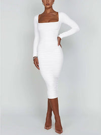 Damen Langarm Quadratausschnitt Midi Etui Kleid in Weiß