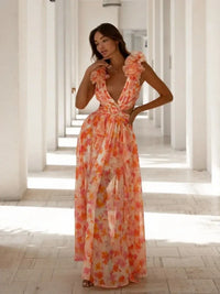 Lexi - Elegantes rückenfreies Maxikleid mit Rüschen in Orange