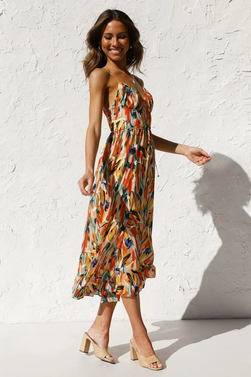 Isla | Midi Dress with Sunset Brushstroke Design