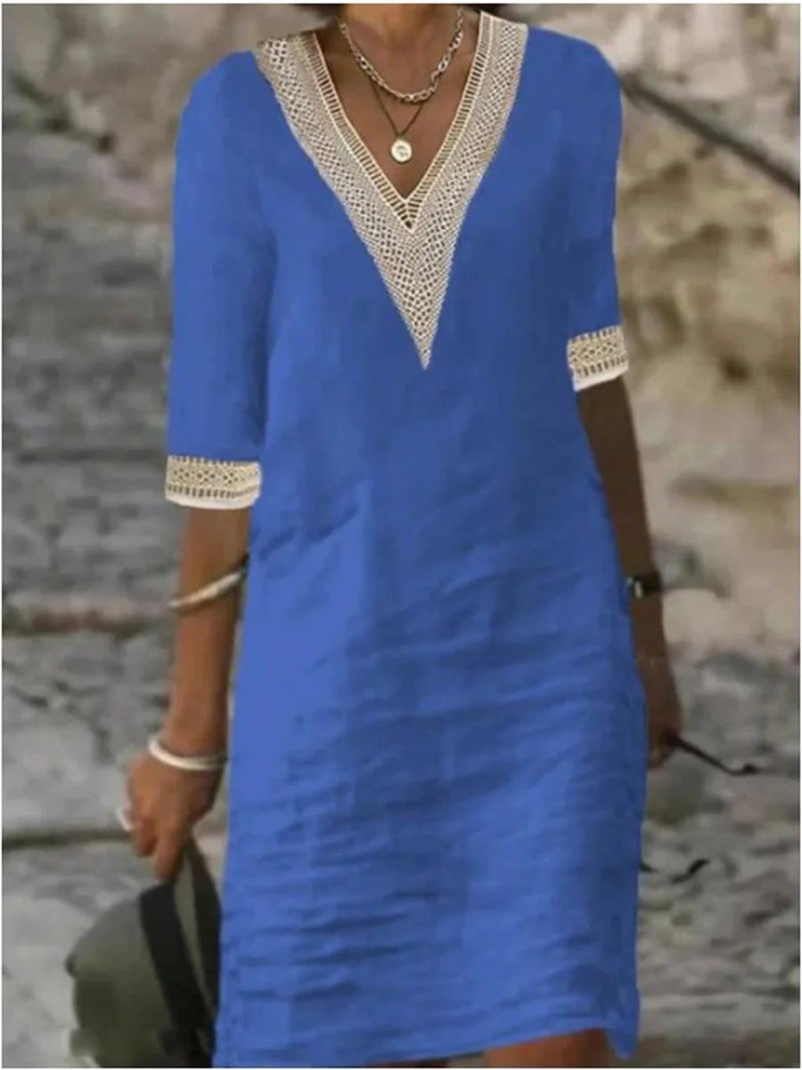 Avery - Elegantes V-Ausschnitt Kleid aus Baumwolle und Leinen in einfarbig