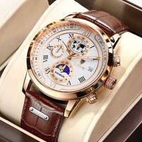 Chronographuhr mit hochwertigem Lederarmband in Goldweiß
